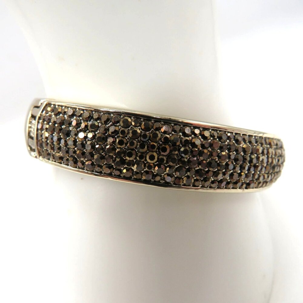 Gold Tone Bracelet‎ Hinged Bangle Black Gilt Rhinestones Encrusted